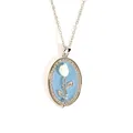 Élégant pendentif tulipe ovale en émail bleu clair avec bordure en perles d'argent - Style Rose Ovale Argenté (TYGN0248)