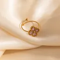 Adjustable golden stainless steel ring with pink four-petal flower zircon detail - Four-Petal Flower Style (1664)