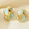 Modern irregular gold stainless steel stud earrings with light blue enamel wave inlay - Gold + Jade Green