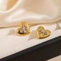 Orecchini a cuore bicolore con fiocco d'argento su finitura dorata lucida - Orecchini a Bottone Fiocco Cuore Oro (1744)