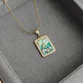 Gold rose necklace featuring an enamel pendant with pearls and zircon insets - Oil Painting Pearl Pendant-Green 0362L