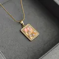 Golden rectangular pendant necklace with pink enamel flowers and pearl accents - Oil Painting Pearl Pendant-Pink 0362F
