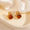 Boucles d'oreilles vintage en résine ambre avec des sphères dorées métalliques - Nœud Pierre Ambre Clou (1805)