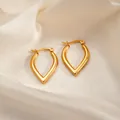 Polished gold plated V-shaped hoop earrings with mirror finish and snap closure - Long Heart Earrings 0166