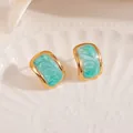 Boucles d'oreilles dorées vintage avec émail vert menthe et texture marbre - Pierre Bleue Géométrique Clou (1850)