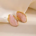 Boucles d'oreilles vintage en acier doré avec résine rose marbrée pour femme - Bordure Dorée Pierre Rose Ovale Clou (1896)
