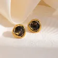 Boucles d'oreilles dorées en acier inoxydable avec incrustations marbrées gris foncé - Créole Géométrique Pierre Noire Clou (1895)