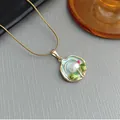 Exquisite gold snake chain necklace with light blue floral enamel pendant and white pearl - Tulip Necklace-Green 0370L