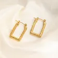 Elegant gold titanium rectangular hoop earrings with hammered texture on silk background - Hammered Square Earrings 0198