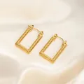 Elegant gold-plated rectangular hoop earrings with Greek key engraving on satin background - Square Rune Earrings 0200