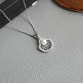 Silver oil painting shell necklace with white pearl and sparkling zircons - Single Shell Pearl-Silver 0376Y