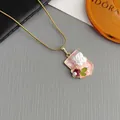 Vintage gold chain necklace with pink enamel rectangle pendant and white rose detail - Pearl Flower-Pink 0380JF