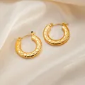 Golden titanium steel hoop earrings featuring geometric hexagonal embossed patterns - Honeycomb Round Earrings 0254