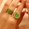 Retro vergoldetes Edelstahlring Set mit grünen Edelsteinen für Damen im Bohemian Stil - Kombipackung (x162+8440)