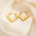 Elegant gold titanium steel twisted square stud earrings with metallic mirror finish - Twisted Heart Hoop Earrings 0277
