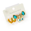Lot de 3 paires de boucles d'oreilles en acier doré avec œil bleu et cristaux - Set Œil Strass Bleu (0078)