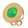 Bague réglable style vintage dorée avec pierre centrale vert émeraude polie - Style Disque Rond (x162) / Plaqué Or 18k Disque Rond Pierre Verte
