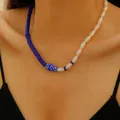 Blue and white beaded ocean necklace with a ceramic fish pendant in bohemian style - Blue Spliced Fish Style (2843)