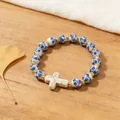 Bracciale in ceramica blu floreale con accenti dorati e ciondolo a croce di marmo - Stile Croce Perline di Ceramica Blu Floreale (G-053)