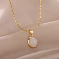 Elegant gold titanium steel necklace with oval cat eye pendant on champagne silk fabric - Oval White Stone Style (G10104669G-1)