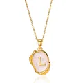 Detail of 18K gold plated necklace featuring 3D letter L pendant with pink enamel texture - Gold L