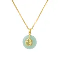 Macro detail of gold-plated O-chain necklace featuring a green jade Fu character pendant - Light Green Jade-Look Ping An Kou with Fu Character Style (G10504649G-2)