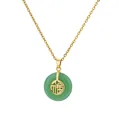 Close-up of golden titanium necklace with green stone pendant and Chinese Fu character - Dark Green Jade-Look Ping An Kou with Fu Character Style (G10504649G-3)