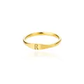 Detail of minimalist gold initial R ring with smooth polished finish and clear reflection - Letter R / Gold