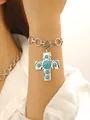 Boho Silberkettenarmband mit Vintage-Kreuzanhänger und türkisfarbenen Steinen - Türkis-Kreuzarmband (X313) / Silber