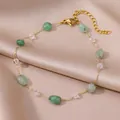 18K gold plated anklet featuring natural green stones and pearls on champagne silk - Gold Light Green Translucent Raw Stone Style (HJ364G-1)