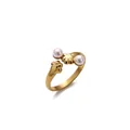 Detail view of gold open ring featuring cat paw designs and two elegant white pearls - Gold Cat Paw Artificial Pearl Style (G1018648)