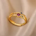Luxury 18K gold plated open ring with colorful zircon stones on champagne silk - Round Magenta Stone Double Ring Style (G9163887)