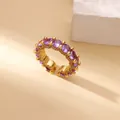 Detailed close-up of a gold-plated open ring featuring inlaid purple zircon gemstones - Adjustable Open / Gold Round Purple Gemstones Pave Style (G4127596G-2)