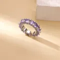 Close-up of adjustable silver ring with oval purple zircon stones in a pavé row setting - Adjustable Open / Silver Oval Purple Zircon Pave Style (P4127596P-2)