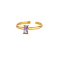 Detailed close-up of a golden adjustable ring featuring a rectangular purple zircon stone - Adjustable Open / February
