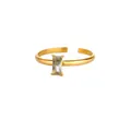 Detail of gold adjustable ring featuring a rectangular emerald cut green zircon stone - Adjustable Open / August