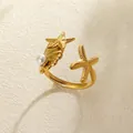 Golden 18k plated starfish and shell ring with pearl accent and open adjustable band - Starfish Shell Artificial Pearl Style (G1024Z7160)