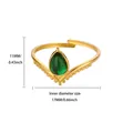 Detail view of a vintage V-shaped gold ring with a green teardrop stone and measurements - Adjustable Open / Green Teardrop Stone Style (G127095G-2)