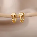Elegant gold fishbone geometric hoop earrings displayed on a minimalist wooden stand - Fishbone Shape Style (E2308G-3) / 18K Gold / Gold