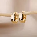 Macro detail of gold hammered texture thick hoop earrings hanging on a branch - Hammered Hoop Huggie Style (G252309)