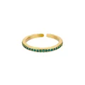 Detailed macro view of adjustable gold-finish ring with rows of emerald green zircon stones - Gold + Green Round Zirconia (JZ4042G-4)