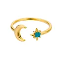 Detail of gold moon and star open ring featuring a blue gemstone with natural textures - Stainless Steel / Star Moon Blue Stone Style (G122102)