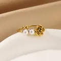 Golden rose and double pearl open ring featuring elegant retro floral jewelry design - Adjustable Open / Rose Flower Double Pearl Style (G6247840)