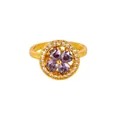 Elegant gold clover ring with four purple heart stones and white crystals on white background - Hollow Clover Style (JZ8089G)