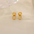 Boucles d'oreilles géométriques dorées avec zircons et perles de style minimaliste moderne - Or 18 carats / Style Strass Carré Boule (G7025956)