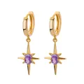 Detailed macro view of gold-plated star huggie earrings with purple center gemstone - Purple Starburst Huggie Earrings - Copper Base (E3603G-1(Copper))