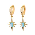 Detailed close-up of golden star hoop earrings with light blue gemstone and small zircons - Light Blue Starburst Huggie Earrings - Copper Base (E3603G-2(Copper))