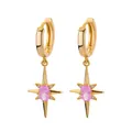 Detailed macro of gold starburst hoop earrings featuring a pink zircon stone inlay - Pink Starburst Huggie Earrings - Copper Base (E3603G-3(Copper))