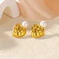 Boucles d'oreilles cœur tressé doré avec perle blanche au style élégant vintage français - Or 18 carats / Style Perle Cœur Texture Tissée (G7025937)
