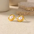 Boucles d'oreilles dorées vintage avec perles roses ovales au fini scintillant - Or 18 carats / Style Perle Ovale Vintage (G7025986)